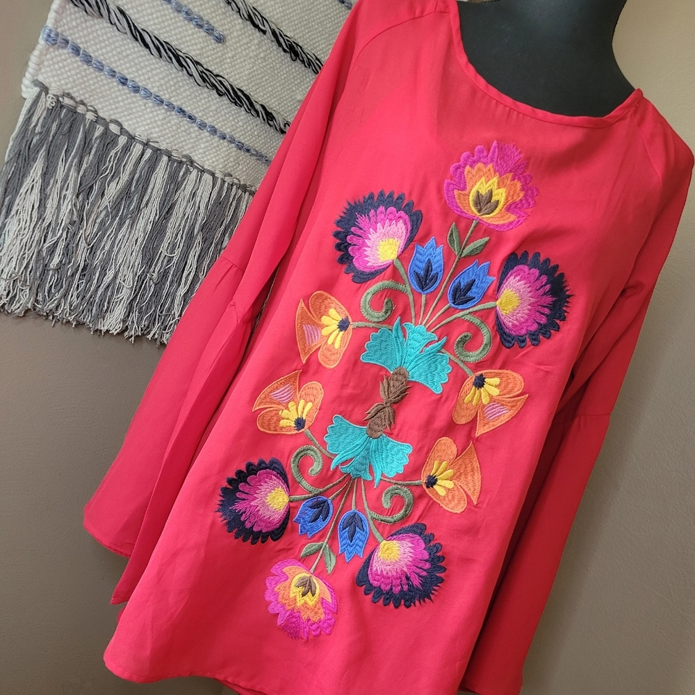 Judith March Embroidered Red Bell Sleeve Lined Top